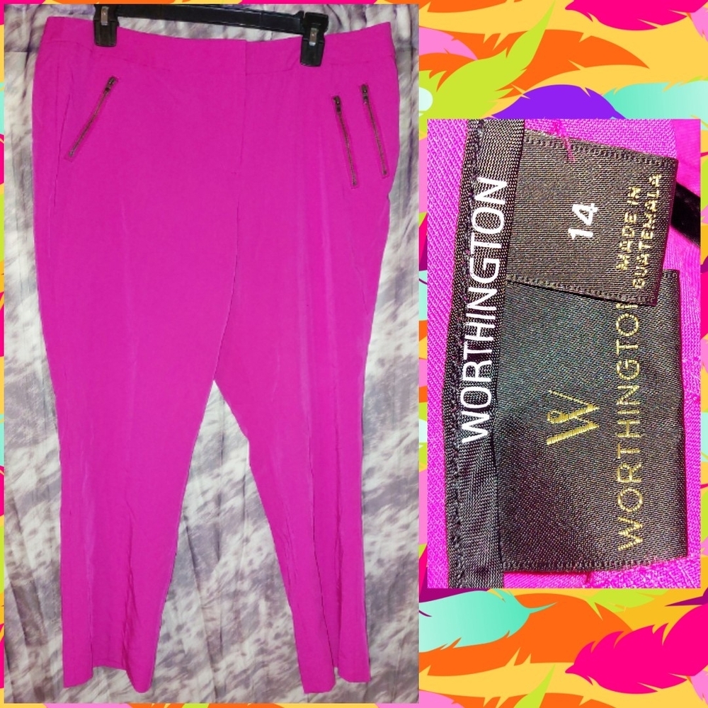 Worthington Fuschia Pink Slim Fit Slim Leg Soft Woven Crop Pants w/Zippers Sz 14